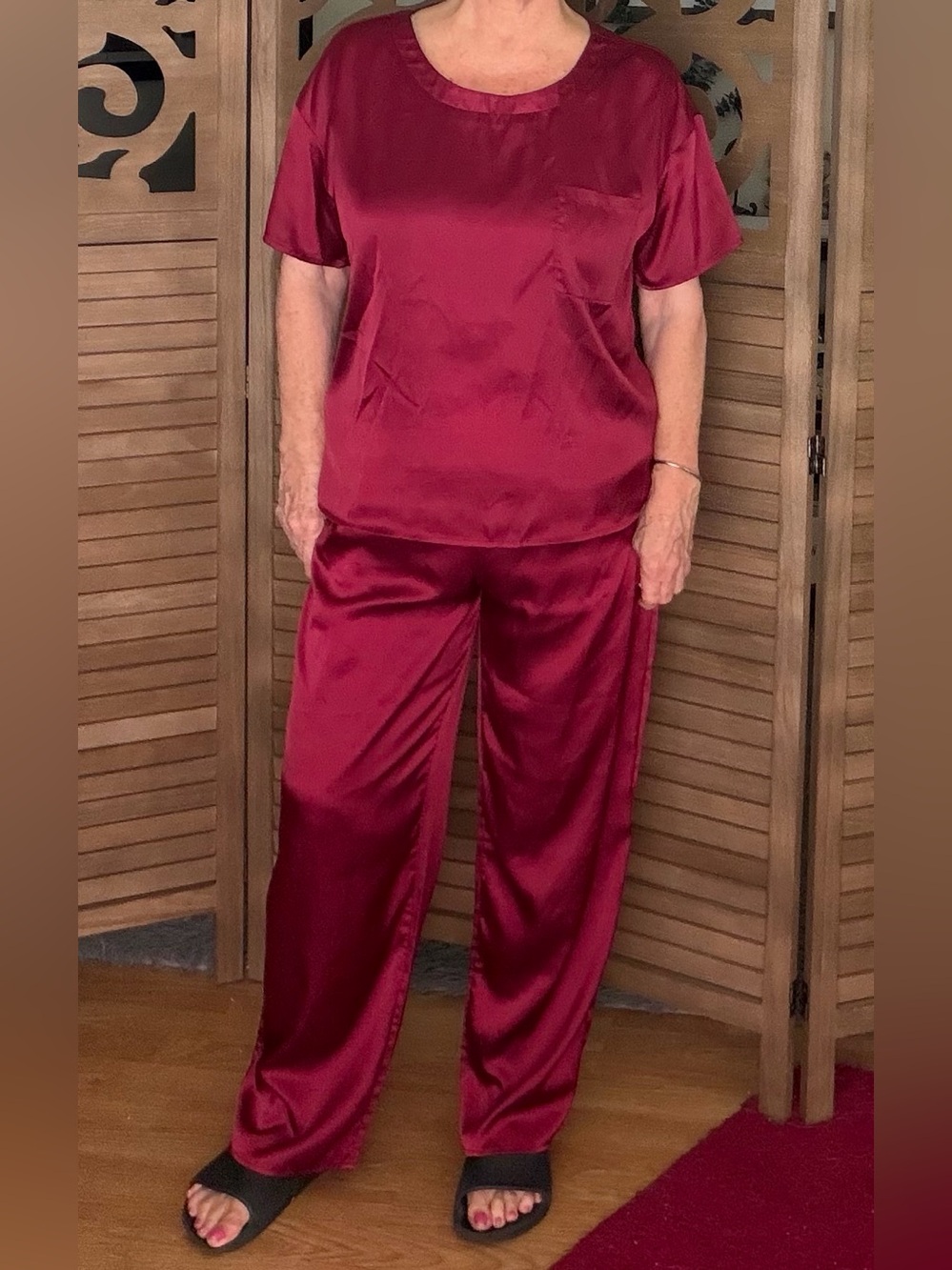 Satin Short-Sleeve Pajama Set - Burgundy